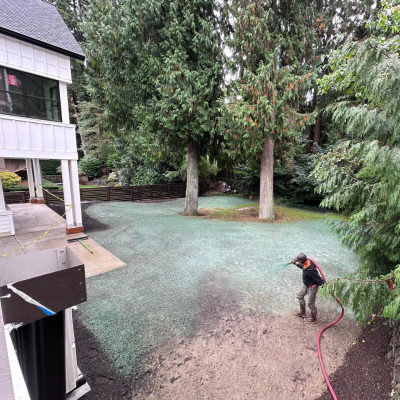 Person watering grass near house with hose in residential garden.