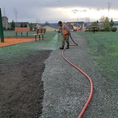 Worker watering grass near playground with red hose at dusk.