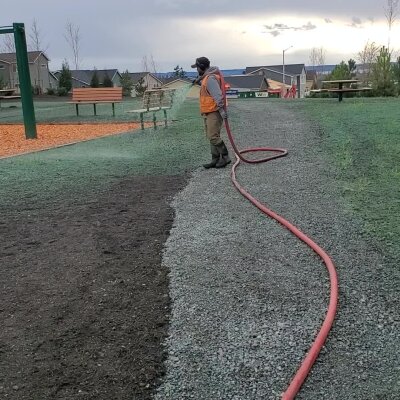 Person watering grass at park with red hose during twilight.