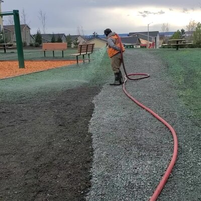 Worker spraying grass seed at park with hose