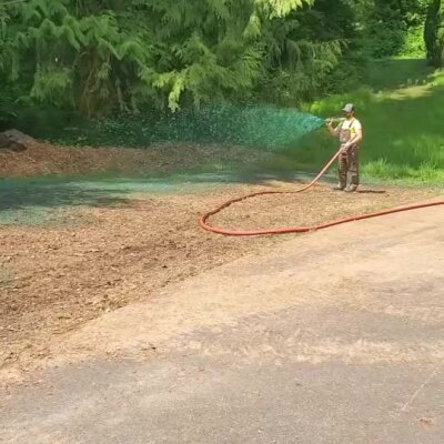 Worker applying hydroseeding mix with spray hose on bare soil near forest.