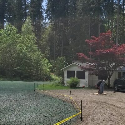 Hydroseeding process at a residential property with lush greenery.