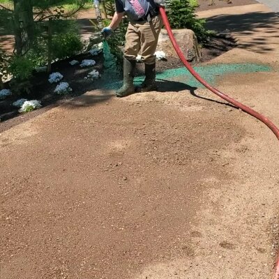 Hydroseed installation process by a worker on a prepped lawn in Washington.