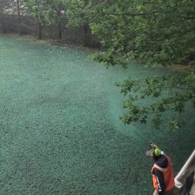 Worker applying hydroseed mixture to lawn in Washington State.