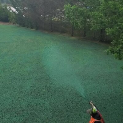 Hydroseeding process on a lawn with a worker in Washington state.