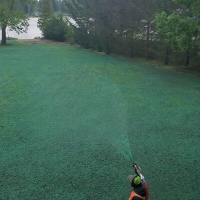 Hydroseeding lawn with a spray hose in Washington State.