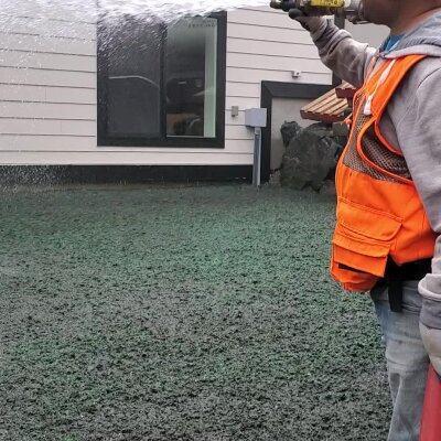 Worker applying hydroseed mix to lawn in Washington state.