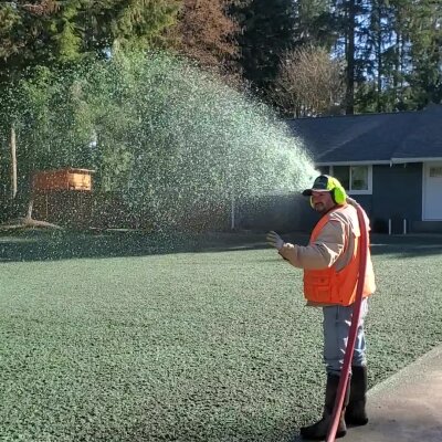 Hydroseeding technician spraying green mixture on lawn for growth